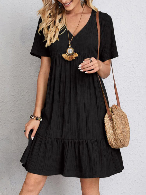 V-Neck Short Sleeve Loose Fit Midi Sundress in 7 Colors